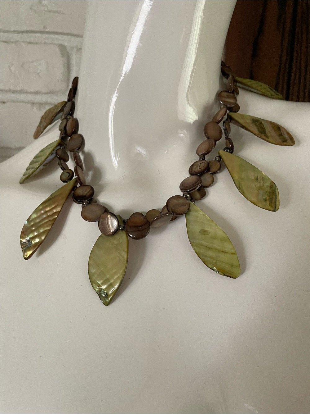 Vintage Barse 925 Silver Double Strand Abalone Shell Leaf & Disc Coin Necklace